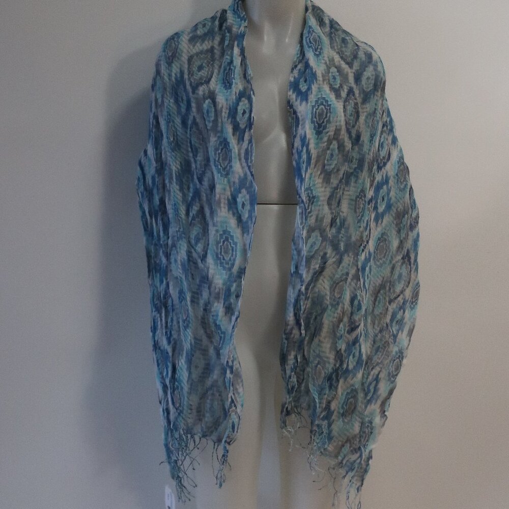 NWT Womens Tina Demel Handmade Oversized Blue, White Fringed Silk Scarf